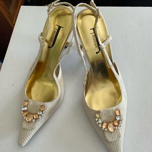 J. Renee Cream Jeweled Tweed Sling backs Size 9